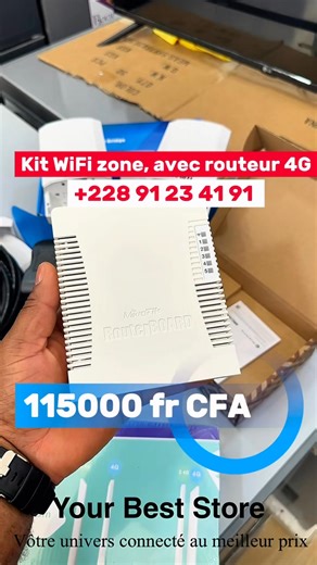 𝐓𝐨𝐮𝐭 ça 𝐚̀ 115.500 𝐅𝐫 𝐂𝐅𝐀 𝐞𝐭 𝐥𝐚 𝐋𝐢𝐯𝐫𝐚𝐢𝐬𝐨𝐧 𝐩𝐚𝐫𝐭𝐨𝐮𝐭 à vos frais Contact: 228 91234191 - un routeur 4G (prend n'importe quelle carte SIM) - Un routeur Mikrotik RB951 - Deux Antenne KuWfi M2 Unidirectionnelle ( près de 500 mètres chaqu'un ) - 30m de câble réseau blindé RJ-45 - 10 Connecteurs RJ-45 Les équipements servent à revendre la connexion internet que vous aurez part le forfait internet sur la carte SIM que vous avez mis dans le routeur 4G. Je ne vend pas de conne