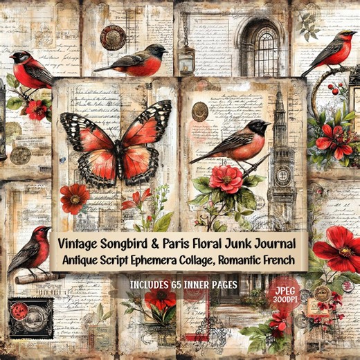 Vintage Songbird Paris Floral Junk Journal Pages, Shabby Chic Ephemera Collage (digital Download) - Etsy