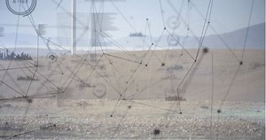 Animation of connected dots, graph icons, molecule structures with formulas over windmill. Digital composite, multiple exposure, communication, report, business, anatomy and sustainable energy.