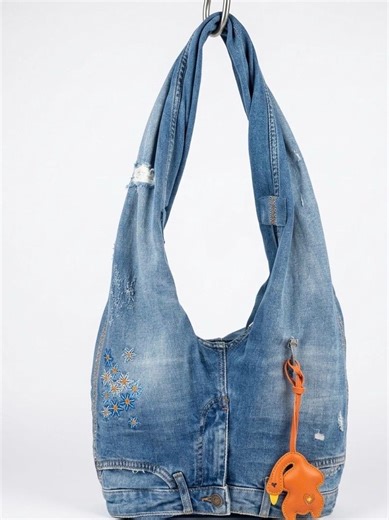 Upcycled Denim Hobo Bag, Embroidered Flowers, Orange Duck Charm - Etsy