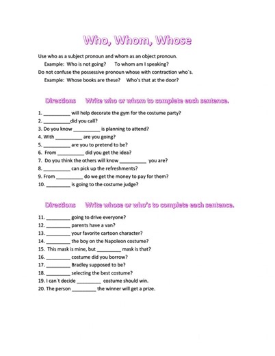 Who Whom Whose worksheet