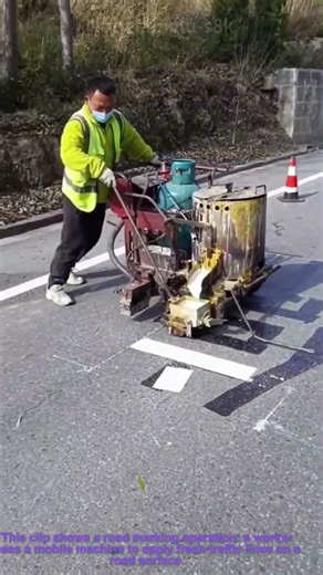 Road Marking Work: Worker Applying New Traffic Line