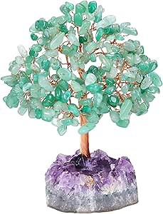 Jovivi Natural Green Aventurine Healing Crystal Money Tree on Amethyst Cluster Geode Druzy Base Feng Shui Crystals for Home Office Desk Decorations, Wealth, Good Luck