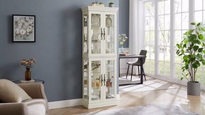 Lighted Glass Curio Cabinet with Lights & Adjustable Shelves,Corner Curio Display Cabinet with Wood Frame (Free Standing,Light Bulb Include)