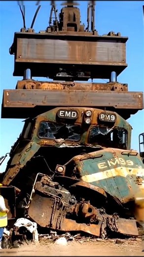 Old EMD Train Locomotive Getting Crushed by Giant Hydraulic Press | Scrap Yard Power #shorts #train