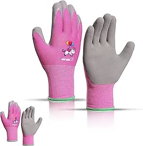 KDK Ages 8-10 Kids Gardening Gloves,Yard Work Gloves for Toddlers, Youth, Girls, Boys, Childrens, Soft Safety Rubber Gloves (XS Age 8-10, 2 Pairs Pink Unicorn)