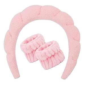 Casoty Spa Headband with Wristband Set, Pink Terry Cloth Non-Slip Hairband Soft Stretchy Skincare Makeup Headwear for Washing Face Yoga Daily Women Girls