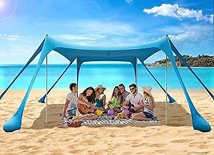 Beach Tent Sun Shelter, Portable Sun Canopy UPF50+ Outdoor Shade with 4 Stability Poles and 8 Sandbags, 10 x 10ft, Sand Shovel, Ground Pegs and Carry Bag for Beach, Camping, Fishing, Picnics