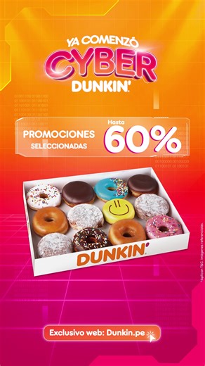 El Cyber Dunkin está por comenzar, pero del 24 al 26 puedes adelantarlo con 10 donuts al precio de 4. Exclusivo delivery📱🍩 | Dunkin'