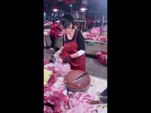 POV Female Butcher Cutting Pork — Real-Time Chinese Meat Market Skills