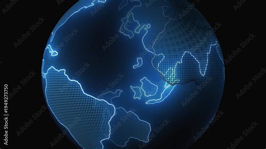 Futuristic digital map highlighting African continent and parts of Europe. Futuristic digital map global technology concept. Futuristic digital map data visualization visual.