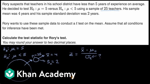 Example calculating t statistic for a test about a mean