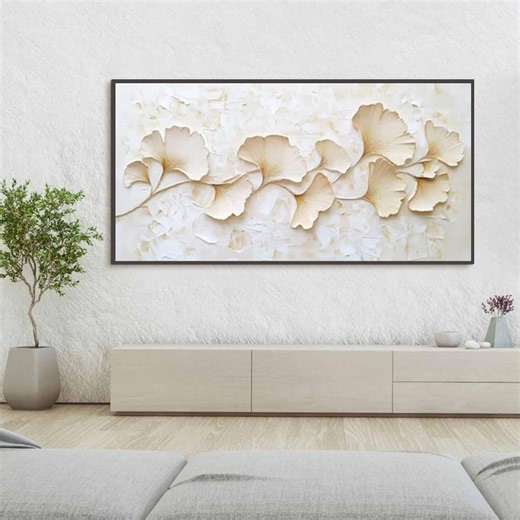 3D Ginkgo Leaf Painting, Beige Textured Wall Art, Minimalist Neutral Impasto Art, Long Horizontal Panoramic Artwork for Living Room Decor - Etsy