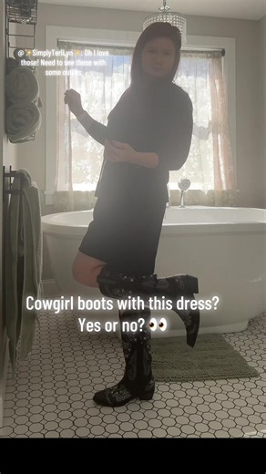 Trying these black cowgirl boots from TikTok Shop with a dress and I honestly love how this outfit turned out. Cowboy boots are trending again and they’re such an easy way to add personality to an outfit. You can pair them with dresses, skirts, or jeans and instantly get that Western-inspired look. These boots have cute rhinestone details and a classic Western design, which makes them feel a little glam while still keeping that cowgirl style. If you’ve been looking for a pair of statement cowgir