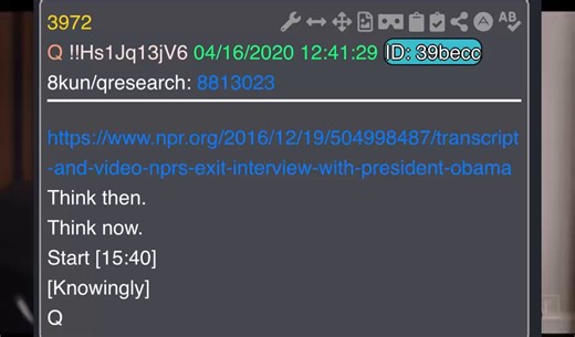 🚨Pesky Q proof of Drop 3972 (April 16, 2020) breakdown:• The Drop: Q posts the direct link to Obama’s Dec 19, 2016 NPR exit interview transcript + video. Text: “Think then. Think now. Start [15:40] [Knowingly] Q.”• Why it matters: At 15:40 in the interview, Obama is already stating as fact that Putin/Russia interfered specifically to help Trump win—weeks before the Intelligence Community Assessment (ICA) was finalized and released on Jan 6, 2017. Timeline (straight from records):• Dec 9, 2016: 