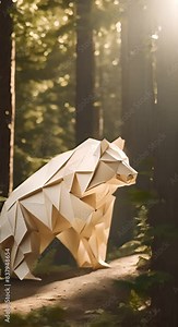 In the dappled sunlight of a lush forest a meticulously crafted origami bear captures the essence of this solitary woodland creature with its intricate paper folds and realistic posture