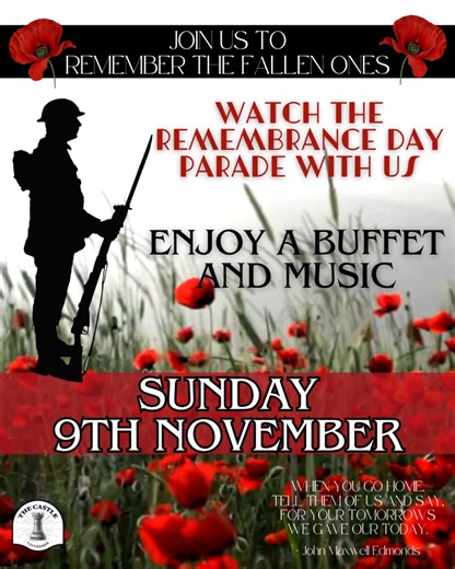 Remembrance Sunday at The Castle Join us as we honour those who served. Watch the parade with us, enjoy our buffet, and take a step back in time with wartime music throughout the afternoon. ❤️🎖️ | The Castle Clitheroe