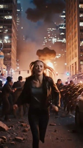 Large modern city under attack at night, missiles exploding, buildings shaking, fire and smoke every