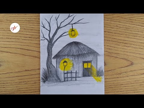 How to Draw Village Night Scenery | Easy Village Hut Drawing for Beginners