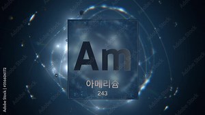 Americium as Element 95 of the Periodic Table. Seamlessly looping 3D animation on blue illuminated atom design background orbiting electrons name, atomic weight element number in Korean language Stock Video