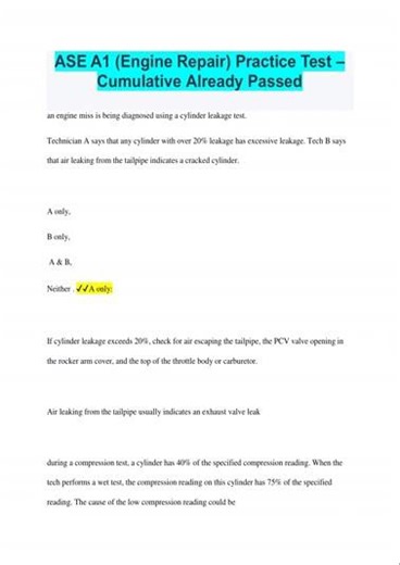 Ase A1 Engine Repair CertificATIon Exam TEST BANK 2025 2026 Questions Verified Answers