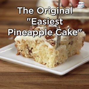 One-bowl pineapple cake topped with cream cheese frosting and coconut! https://www.justapinch.com/recipes/dessert/cake/easiest-pineapple-cake.html | Just A Pinch Recipes