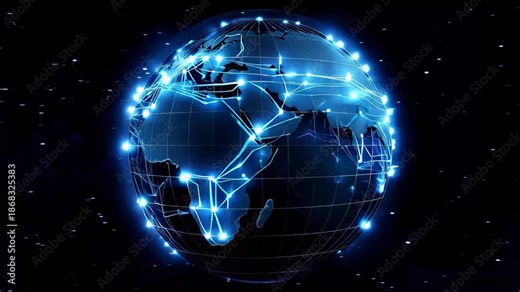 Explore the dynamics of global connectivity through a digital map showing networks and data flow across countries