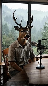 Wildlife Podcasters in the Forest Studio. Deer Hosting a Podcast in a Forest Studio