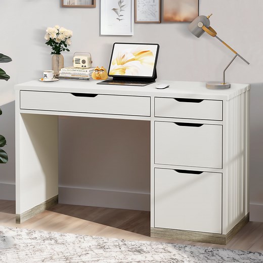 DreamCurship White Desk with Drawers, Modern Computer Desk with File Drawers, Home Office Study Writing Desk with Storage, White