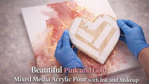 Beautiful pink and gold mixed media acrylic pour with ink and makeup