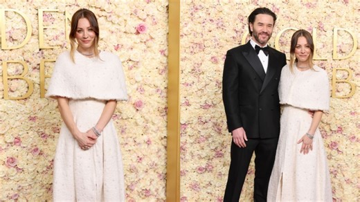 Kaley Cuoco Modifies the Cape Trend for Golden Globes 2025 Red Carpet With Tom Pelphrey