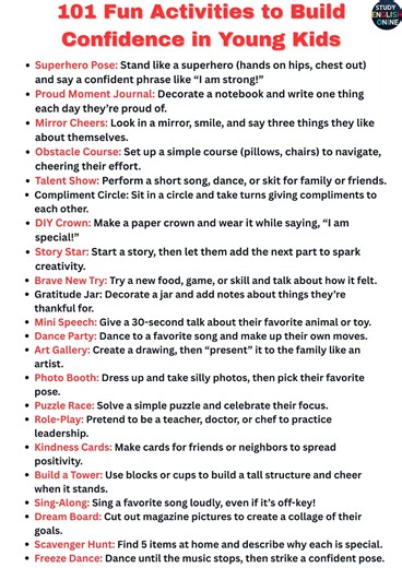 530K views · 2.2K reactions | 101 Fun Activities to Build Confidence in Young Kids #FunActivitiesForKids #BuildSelfEsteem #ConfidentKids #ParentingHacks #KidsActivities #RaiseStrongKids #ChildDevelopment #PlayWithPurpose #positiveparenting ##learnenglish | STUDY English Online | Facebook