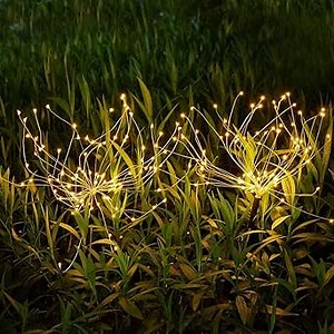 Christmas Outdoor Garden Decorative Lights, Solar Firework Lights 105 LED Powered 35 Copper Wires, DIY Flowers Fireworks Stars for Walkway Pathway Backyard Christmas Party Decor (Warm White 2 Pack)