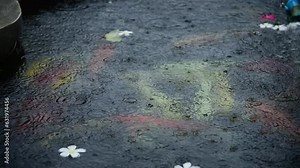 Heavy rainy raining season in koi pond blur background carp fish under water. Weather thunderstorm raindrops splash on water surface. Falling rain shower outdoors. Climate motion raindrops splash