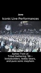 Aphex Twin’s Richard D James played tons of shows by the time he joined Underworld on the bill of this Tribal Gathering-associated rave in Oxfordshire in 1996. He’d got thoroughly fed up with being stared at, he said, so employed some rather spectacular visual treats to divert people’s attention. While he lay on all fours, manipulating a laptop and mixing desk, bikini clad female bodybuilders took to the stage, flexing their considerable muscles. Then a pair pf eight foot tall teddy bears with A