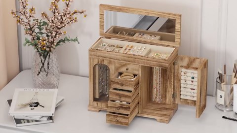 Miratino Jewelry Box for Women Girls, Wooden Jewelry Organizer Box with Mirror, 5 Layer Jewelry Storage Case Display for Necklaces Earrings Rings Bracelets Valentine's Day Gifts