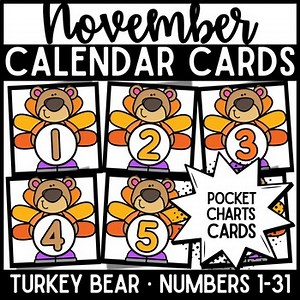 Autumn Bear Theme November Calendar Pocket Chart Cards | Numbers 1–31
