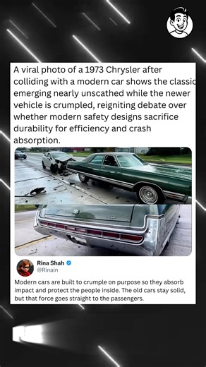 7.3K views | A viral photo of a 1973 Chrysler after colliding with a modern car shows the classic emerging nearly unscathed while the newer vehicle is crumpled, reigniting debate over whether modern safety designs sacrifice durability for efficiency and crash absorption. | PJ.Incredible | Facebook