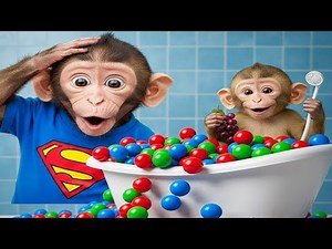 Funny Monkey Bon Bon Eats HUGE Rainbow Ice Cream! | Baby Monkey Eating Fun | Kids Video