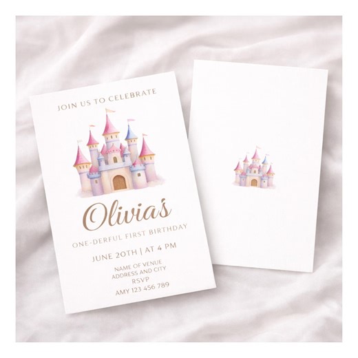 Princess Castle First Birthday Invitation, Watercolor Girl Invite (Digital Download)
