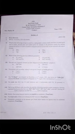 CUHP 2025 inorganic chemistry question paper #subscribe #study #exam #viral #shorts #youtubeshorts