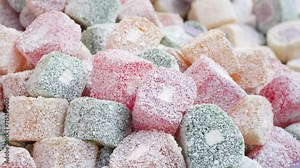 turkish delight or lokum of red, green, orange and yellow colors.