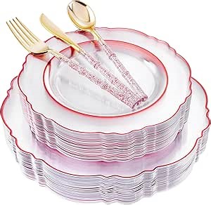 Liacere 150PCS Clear and Red Plastic Plates-Clear Red Disposable Plates with Glitter Bamboo Handle Cutlery-60 Baroque Elegant Plates,30 Forks,30 Spoons,30 Knives for Wedding&Christmas