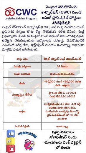 పరీక్ష లేకుండా CWC కేంద్ర ప్రభుత్వ సంస్థ నుండి ఉద్యోగాలు భారీగా జీతం #ap #news #cwc #job #young .