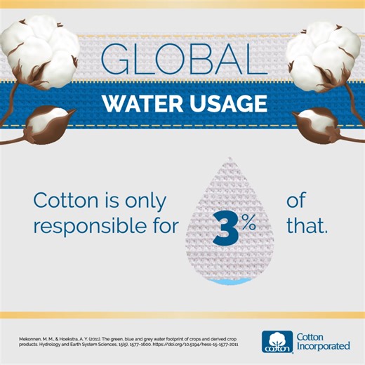 Water is an important and renewable resource, and cotton growers strive to use it responsibly. Learn more about cotton and water usage: https://cottontoday.cottoninc.com/our-sustainability-story/water/ | Cotton Incorporated