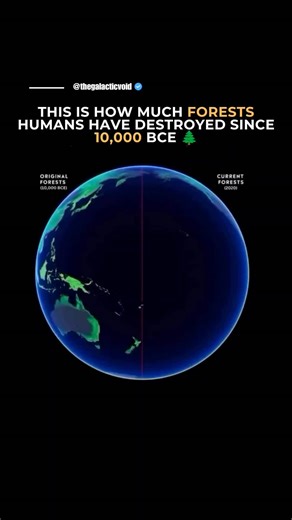 49K views · 443 reactions | Since the end of the last ice age, Earth has lost one-third of its forests—about two billion hectares.  That’s twice the size of the United States, cleared mainly for crops, livestock, and fuelwood. A powerful reminder of our lasting impact on the planet. | The Galactic Void | Facebook