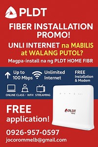 📲📢 PLDT Fiber Installation Promo! 📢📲 🚨 UNLI INTERNET na MABILIS at WALANG PUTOL? YES NA YES! 🏠 Magpa-install na ng PLDT Home Fibr — abot-kaya, walang hassle, at legit na legit! ✅ Up to 100 Mbps ✅ Unlimited Internet ✅ FREE Installation & Modem ✅ Perfect for ONLINE CLASS, WFH, STREAMING, and GAMING! 🎮📺💻 📍 Available sa selected areas — PM mo lang ako para malaman kung covered na kayo! 📌 FREE application! 📩 Message mo lang ako sa: 📞 0926-957-0597 📧 jocorommelb@gmail.com 📆 Huwag nang m