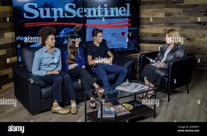 NO FILM, NO VIDEO, NO TV, NO DOCUMENTARY - Parkland shooting survivor David Hogg, center, a senior at Marjory Stoneman Douglas, Sari Kaufman, a junior at Douglas and Ellie Branson, left, a junior at South Broward High School join Rosemary O'Hara, right, in the South Florida Sun Sentinel studio to talk about gun legislation, returning to Stoneman Douglas, and spring break boycott, on Wednesday, February 28, 2018. Photo by Rolando Otero/Sun Sentinel/TNS/ABACAPRESS.COM Stock Photo - Alamy