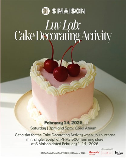 Whisked away by love and frosting. 🎂💗 Get ready for LUV LAB at S Maison, gathering partners for an intimate cake decorating session. Where every detail can be thoughtfully crafted and every design tells a story. ✨ 📆 February 14 📍Level 1, Coral Atrium | S Maison #ValentinesAtSMaison #SMaisonExperience #VDAY | S Maison at Conrad Manila