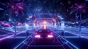 Bright futuristic world of computer space in the style of science fiction of the 80s. Stock animation. The movement of a futuristic machine in virtual space on space galaxy background, seamless loop.
